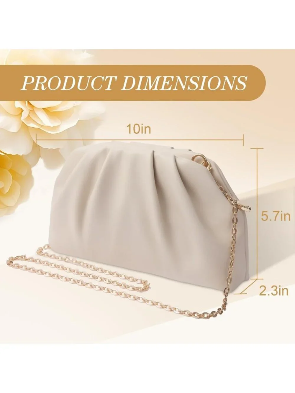 Women's Beige Gold Soft Pleated Pu Clutch Purse Elegant Evening Wedding Bag
